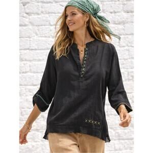 Organic Cotton Boho Tunic Top M/L Oversized Relaxed Fit Hand Stitched Blouse M/L